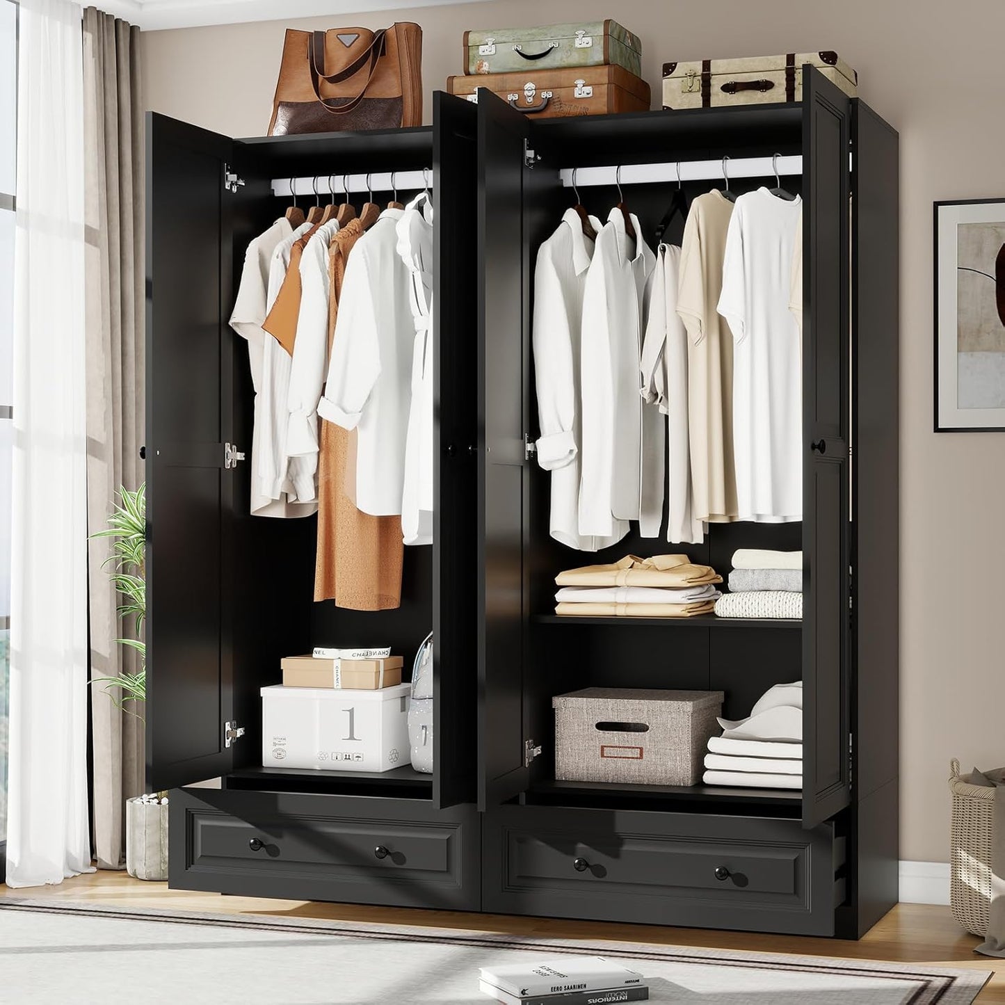 Armoire Wardrobe Closet with Drawers: 74" Black Tall Wooden Wardrobe Closet for Hanging Clothes, Large Bedroom Armoires with 2 Drawers, 4 Door Armoire Storage Cabinet (Black, 63")