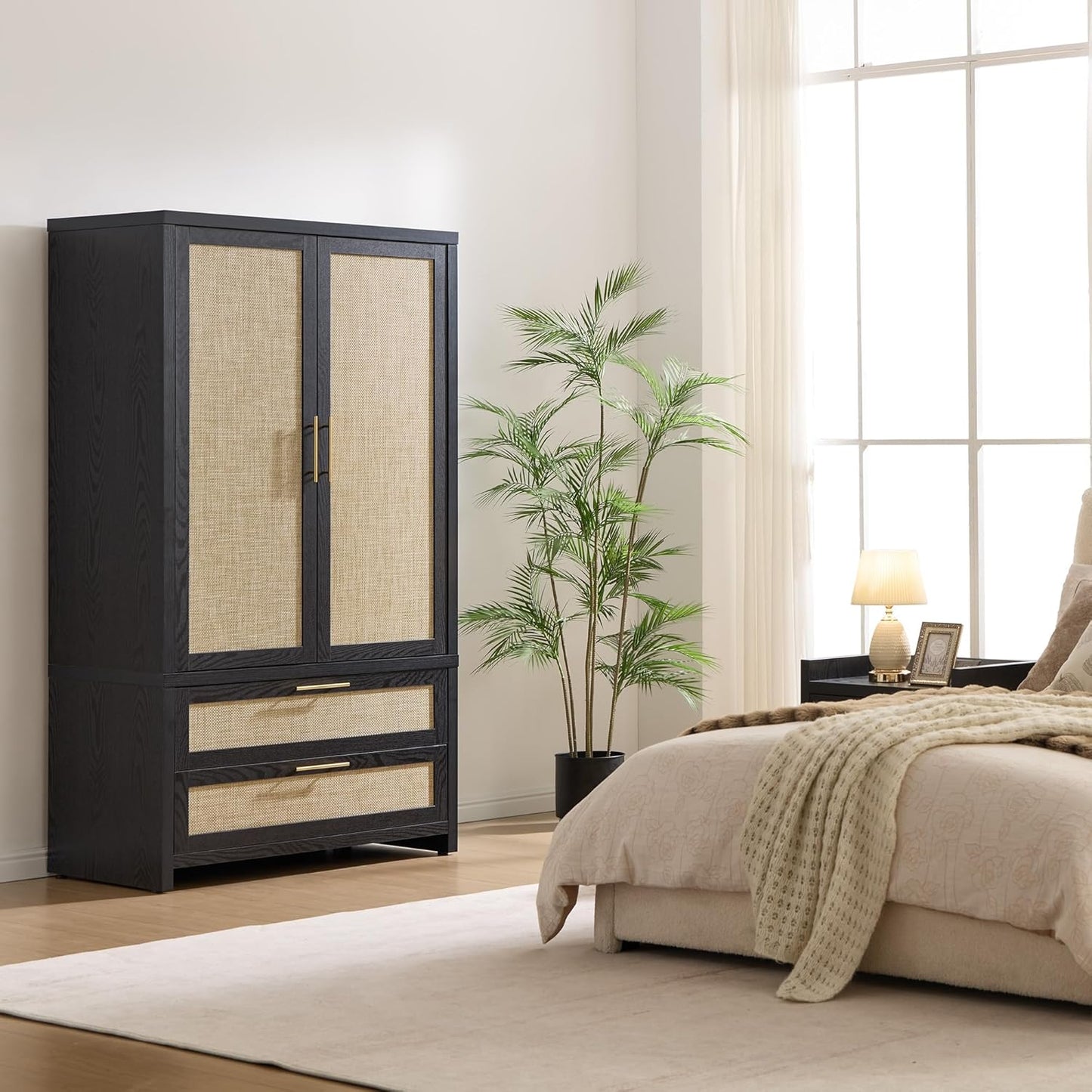 SICOTAS Larger Armoire Wardrobe Closet, 71" Tall Rattan Wardrobe Closet Cabinet with Storage and 2 Drawers, Boho Armoire Clothes Organizer with Hanging Rod for Bedroom, Black Oak (2 PCS)