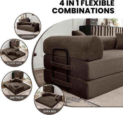 79'' Convertible Sofa Bed, Folding Sleeper Couch with Pull Out Bed, Modular Floor Couch with Cushions, Corduroy Sofa for Apartment Living Room Bedroom Guest Room Use, No Assembly (Brown)