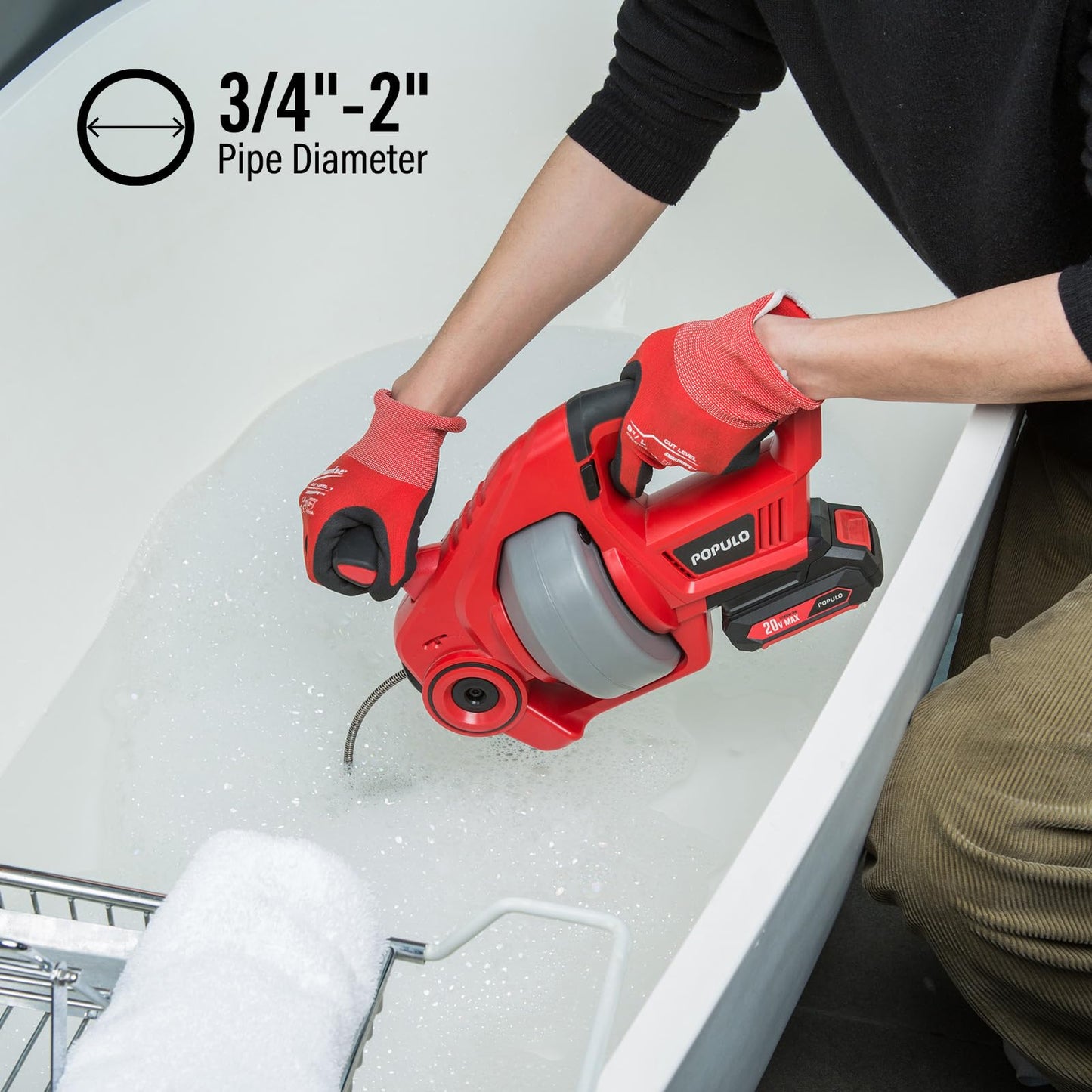 POPULO POPULO 20V Cordless Drain Auger - 25Ft Auto-Feed
