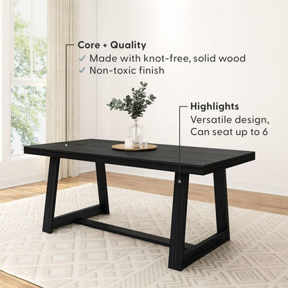 Plank+Beam 72 Inch Farmhouse Dining Table, Solid Wood Rustic Kitchen Table, Large Wooden Rectangular Dinner Table for Dining Room, Home Office, Living Room Furniture, Easy Assembly, Black Wirebrush