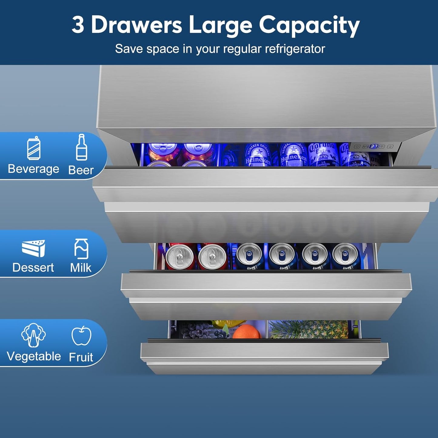 FoMup Stainless Steel 3-Tier Drawer Fridge Undercounter, Outdoor Beverage Refrigerator with Wheels, Waterproof Design and Temperature Control for Home and Commercial Use