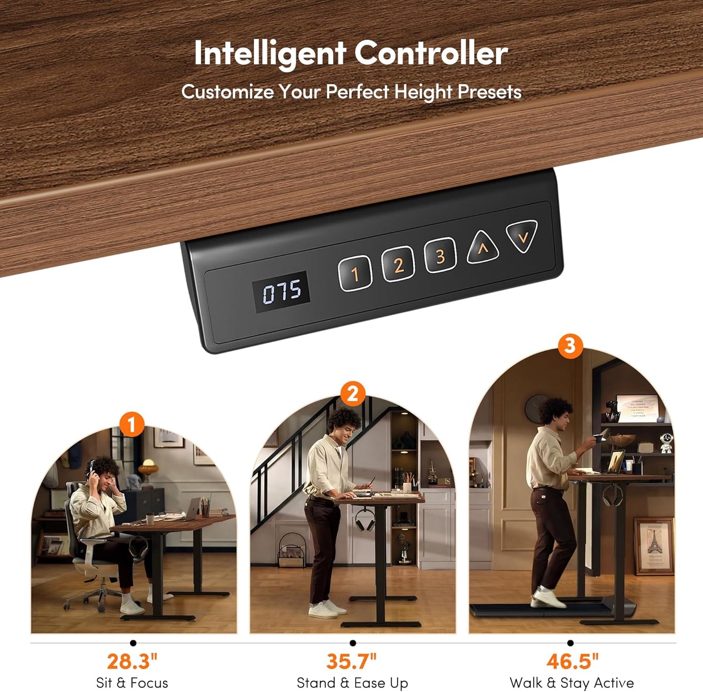 FEZIBO 40 x 24 Inchs Electric Standing Desk, Height Adjustable, Sit Stand Up, Computer Office Desk with Splice Board, Black Frame/Black Walnut Top