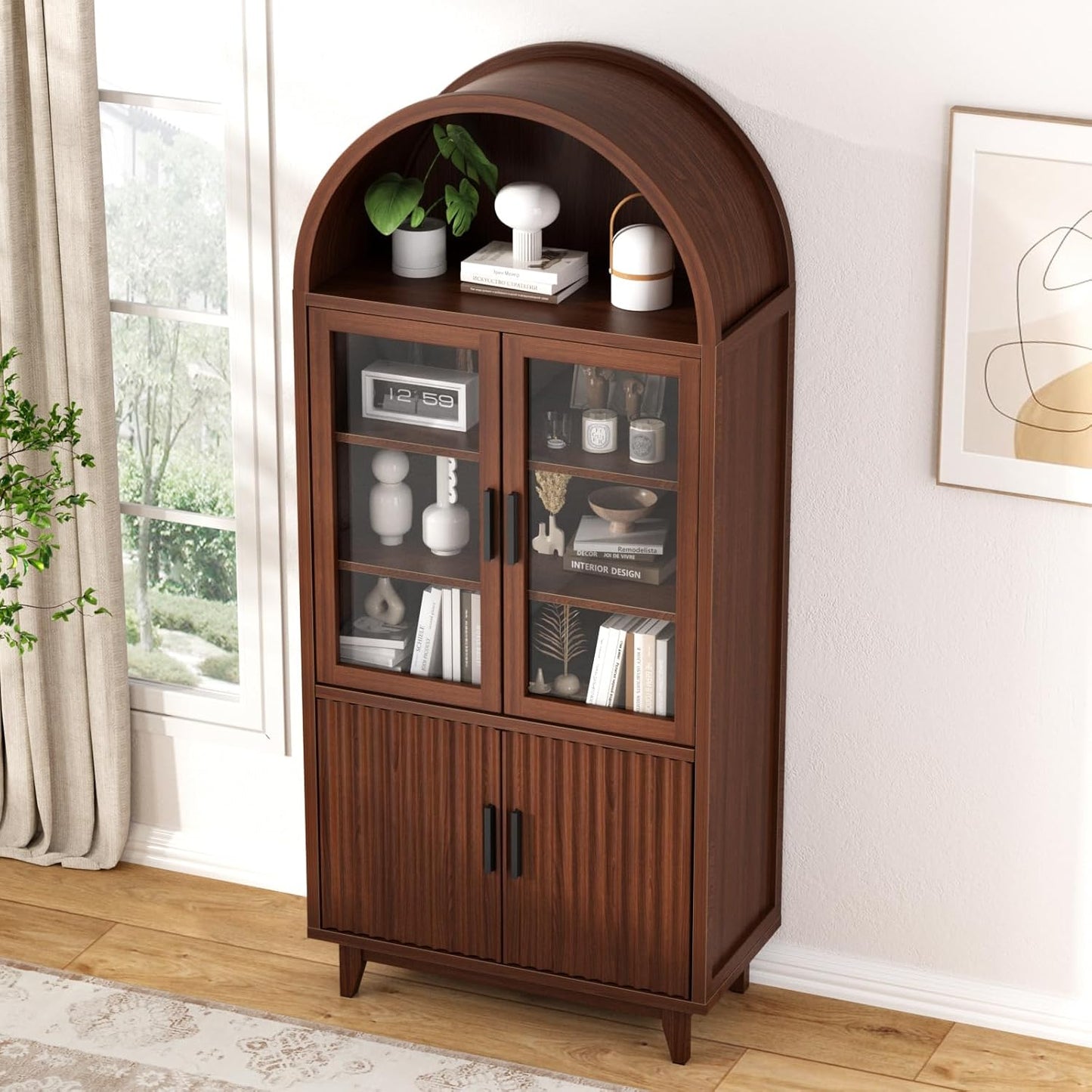 FiveWillowise 71" Tall Arched Cabinet with Glass Doors, Fluted Pantry Cabinet with Solid Wood Legs, Modern Accent Furniture for Living Room, Kitchen, Dining Room, Entryway, Walnut