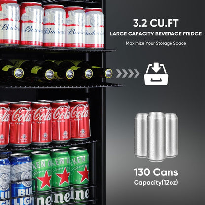 ORYMUSE 3.2 Cu.Ft Beverage Refrigerator, 130 Can Mini Fridge with Glass Door & Digital Temperature Control, Compressor Cooling Freestanding Cooler for Soda, Beer, Wine, Home, Office & Bar - Silver