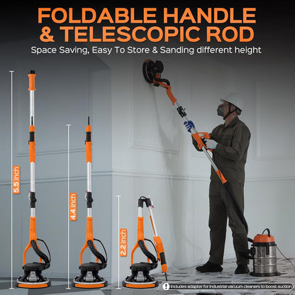 Drywall Sander Tool, KUPERIA 8.5 Amp Popcorn Ceiling Removal Tool with 7 Variable Speed 800-1800RPM,Electric Drywall Sander with Extendable Handle,LED Light,6 Basic Sand Paper& 6 Grid Sandpaper,Orange
