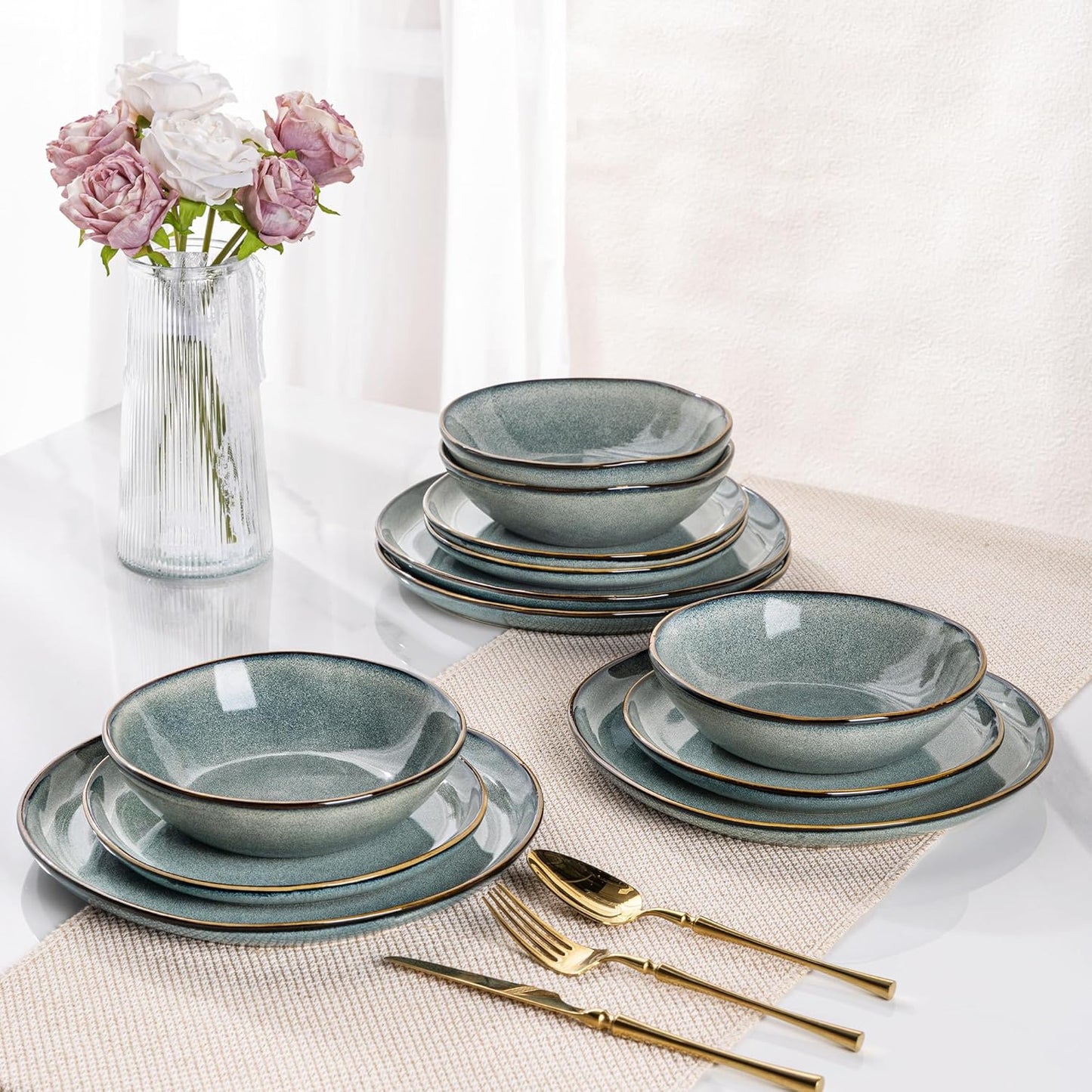 AmorArc Ceramic Dinnerware Sets,Handmade Reactive Glaze Stoneware Plates and Bowls Sets,Highly Scratch Resistant | Dishwasher & Microwave Safe Dishes Set,Service for 4 (12pc)