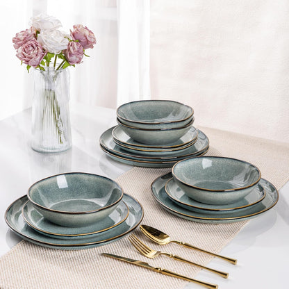 AmorArc Ceramic Dinnerware Sets,Handmade Reactive Glaze Stoneware Plates and Bowls Sets,Highly Scratch Resistant | Dishwasher & Microwave Safe Dishes Set,Service for 4 (12pc)