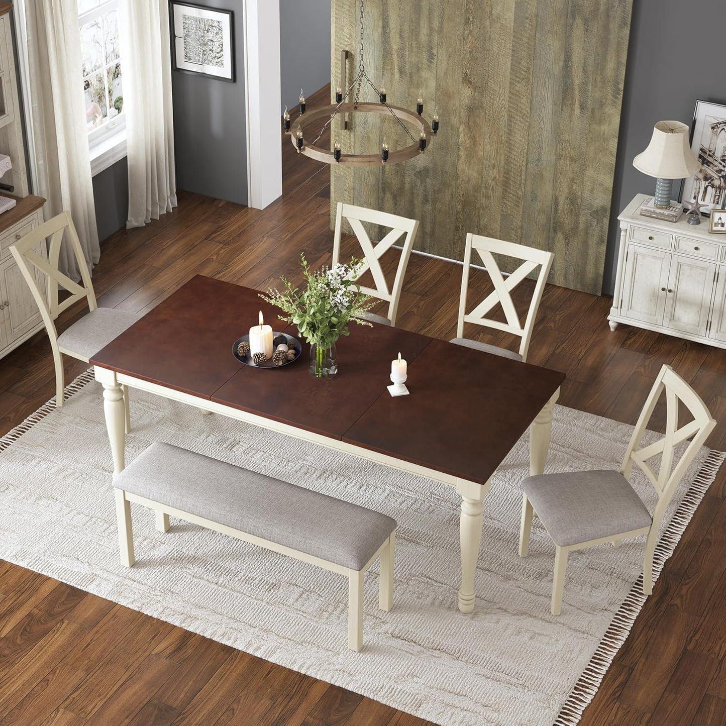 AMERLIFE 6-Piece Farmhouse Dining Table Set for 6-7, 71" Solid Wood Kitchen Table and Chairs, 1 Dining Table, 4 Upholstered Chairs and 1 Bench, Rustic Dining Room Set, Rustic White