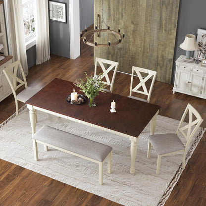 AMERLIFE 6-Piece Farmhouse Dining Table Set for 6-7, 71" Solid Wood Kitchen Table and Chairs, 1 Dining Table, 4 Upholstered Chairs and 1 Bench, Rustic Dining Room Set, Rustic White