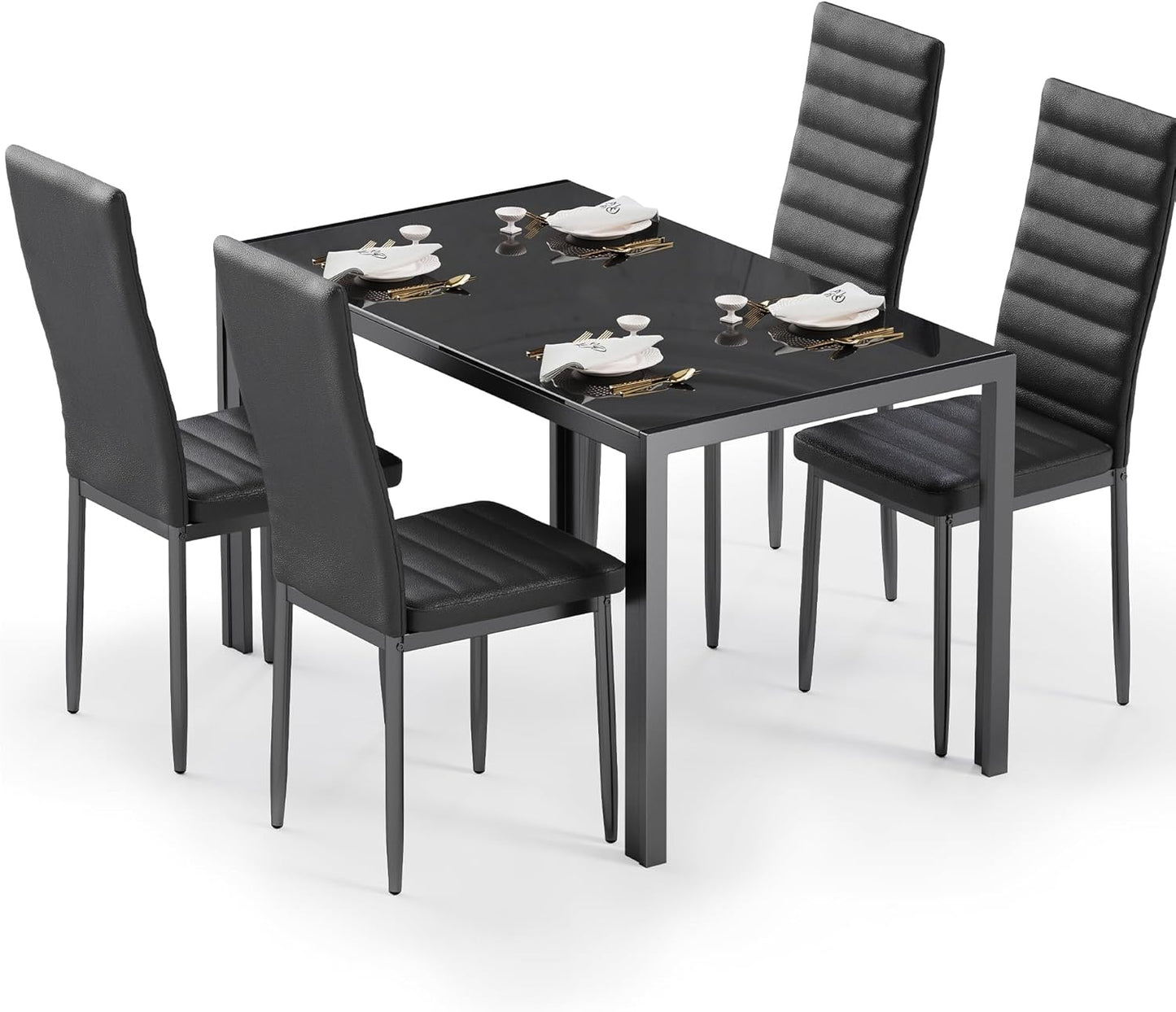 Bealife Kitchen Dining Table Set for 4, Tempered Glass 5 Piece Table and Chairs Set Modern for Home, Kitchen, Living Room, Dining Room (Black)
