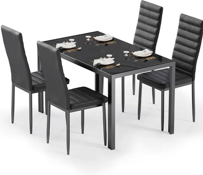 Bealife Kitchen Dining Table Set for 4, Tempered Glass 5 Piece Table and Chairs Set Modern for Home, Kitchen, Living Room, Dining Room (Black)