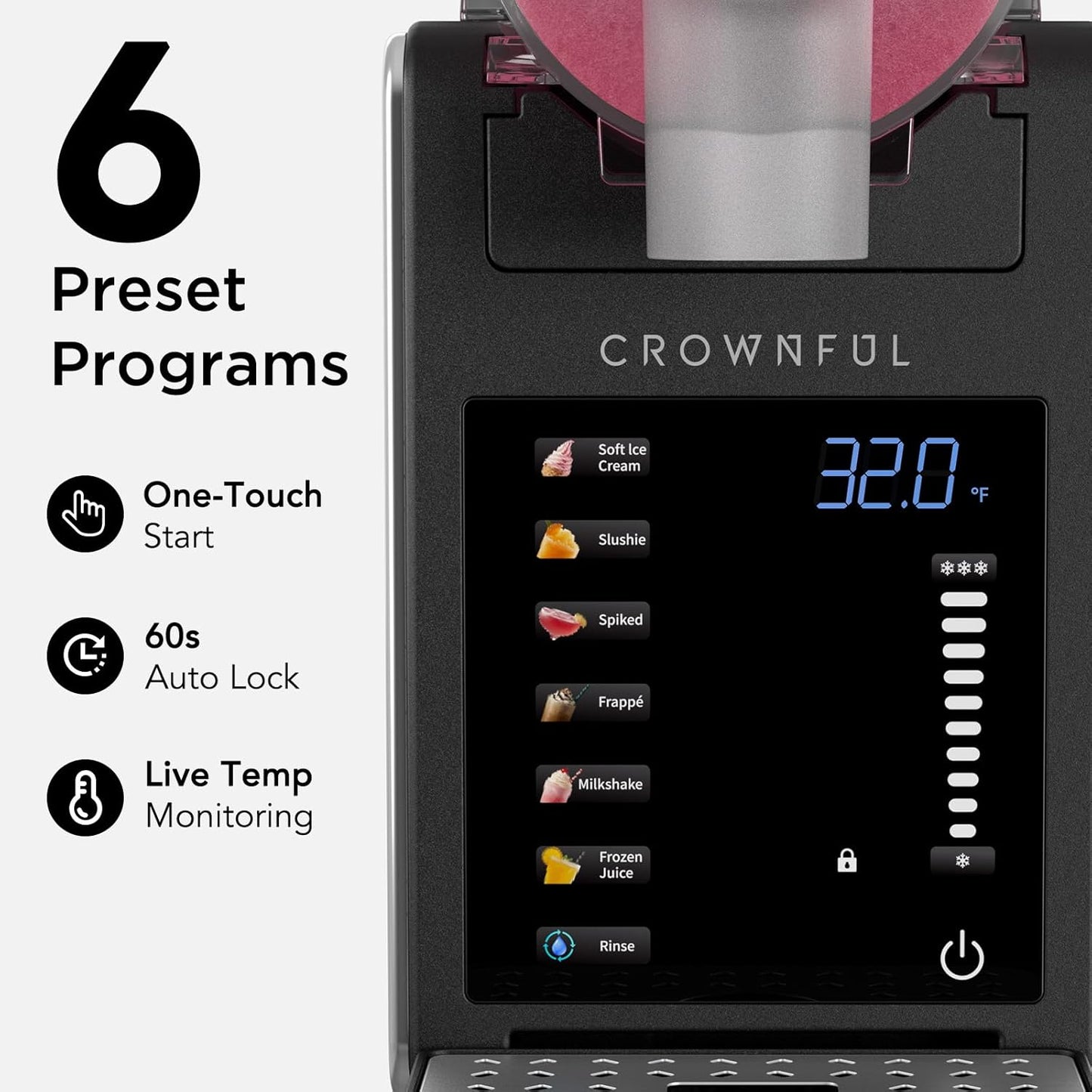 CROWNFUL Slushie Machine for Home, 101oz (64oz Liquid Fill) Frozen Drink Maker, No Ice Needed, 6 Programs for Soft Serve, Frozen Margaritas, Frappés and more, Auto-Clean, Maintains Freshness for 12hrs