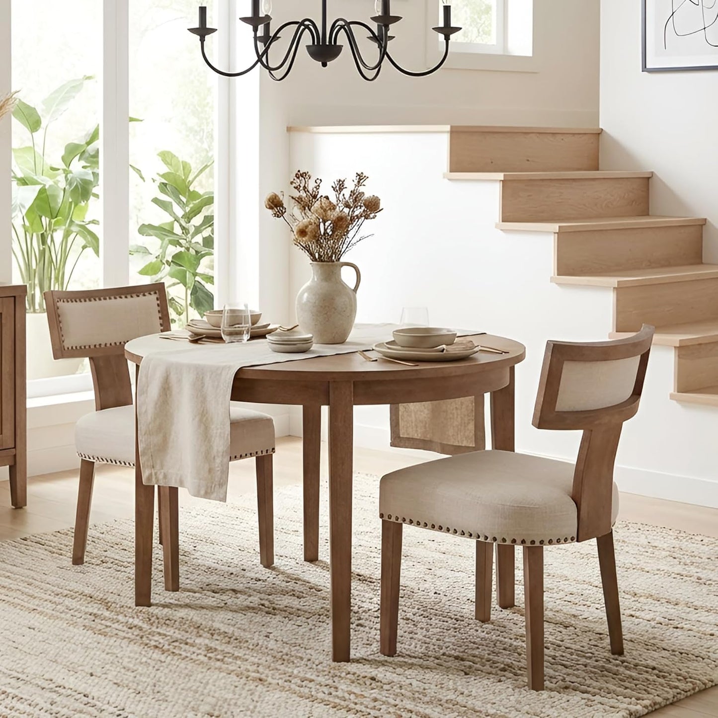 HNY Mid Century Modern Dining Chairs Set of 2, Farmhouse Linen Fabric Upholstered Accent Chairs Curved Nailhead Trim Backrest Kitchen Chairs, with Hardwood Frame, Beige