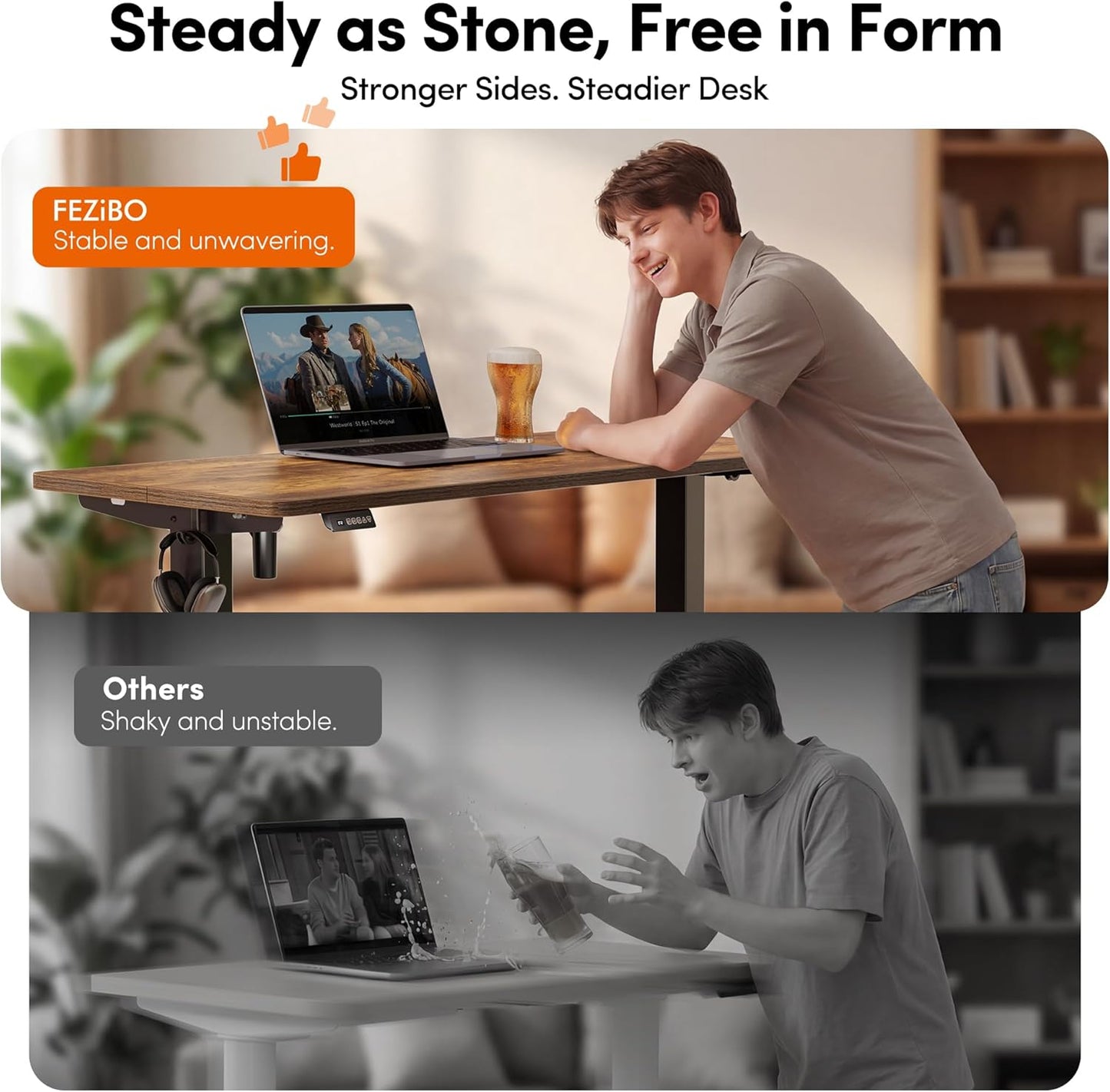 FEZIBO 48 x 24 Inchs Electric Standing Desk, Height Adjustable, Sit Stand Up, Computer Office Desk with Splice Board, Black Frame/Rustic Brown Top