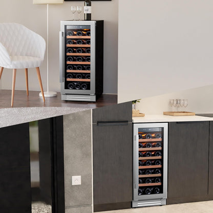 Ca'Lefort 15 Inch Wine Fridge, 33 Bottle Wine Cooler Refrigerator, 40-65°F Wine Refrigerator Glass Door, 3 LED Wine Fridge, Built-in or Freestanding Fridge for Home/Bar/Kitchen (3.0 cu.ft)