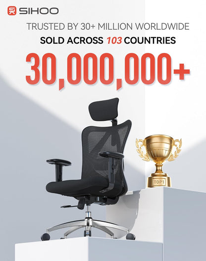 SIHOO M18 Ergonomic Office Chair, High Back Mesh Desk Chair with Adjustable Headrest & Lumbar Support, 330lbs Capacity Computer Chair with 2D Armrests & Wide Cushion, Tilt Lock, for Home Office-Black