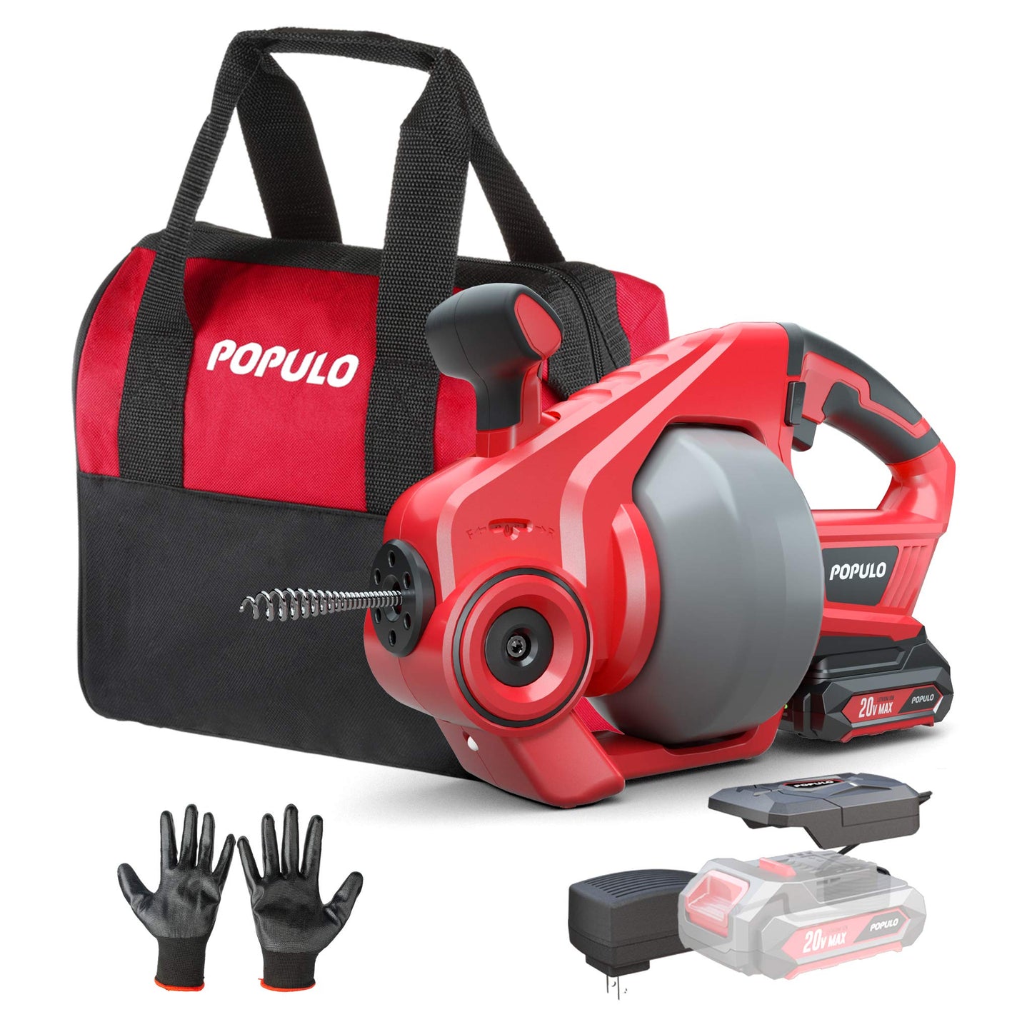 POPULO POPULO 20V Cordless Drain Auger - 25Ft Auto-Feed