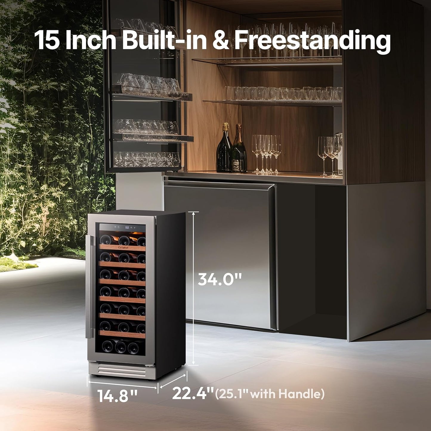 Ca'Lefort 15 Inch Wine Fridge, 33 Bottle Wine Cooler Refrigerator, 40-65°F Wine Refrigerator Glass Door, 3 LED Wine Fridge, Built-in or Freestanding Fridge for Home/Bar/Kitchen (3.0 cu.ft)