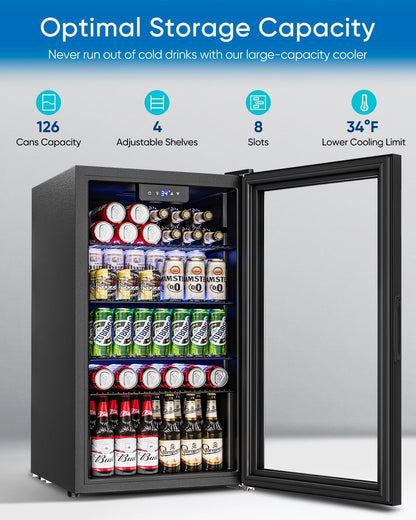 Feelfunn Beverage Refrigerator and Cooler - 126 Can Mini Fridge Glass Door for Soda Beer Wine - Freestanding Beverage Fridge for Bedroom Office Bar, 4 Adjustable Shelves, 3.2 Cu.Ft, Black