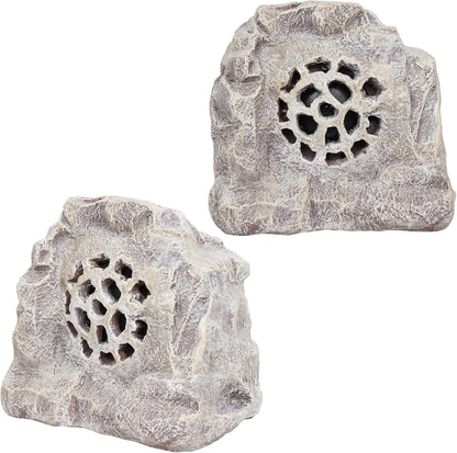 Alpine Corporation 11" Weather-Resistant Solar Bluetooth Outdoor Speakers, Wireless Rock Look Finish 50-Foot Range Audio, Set of 2 - Beige