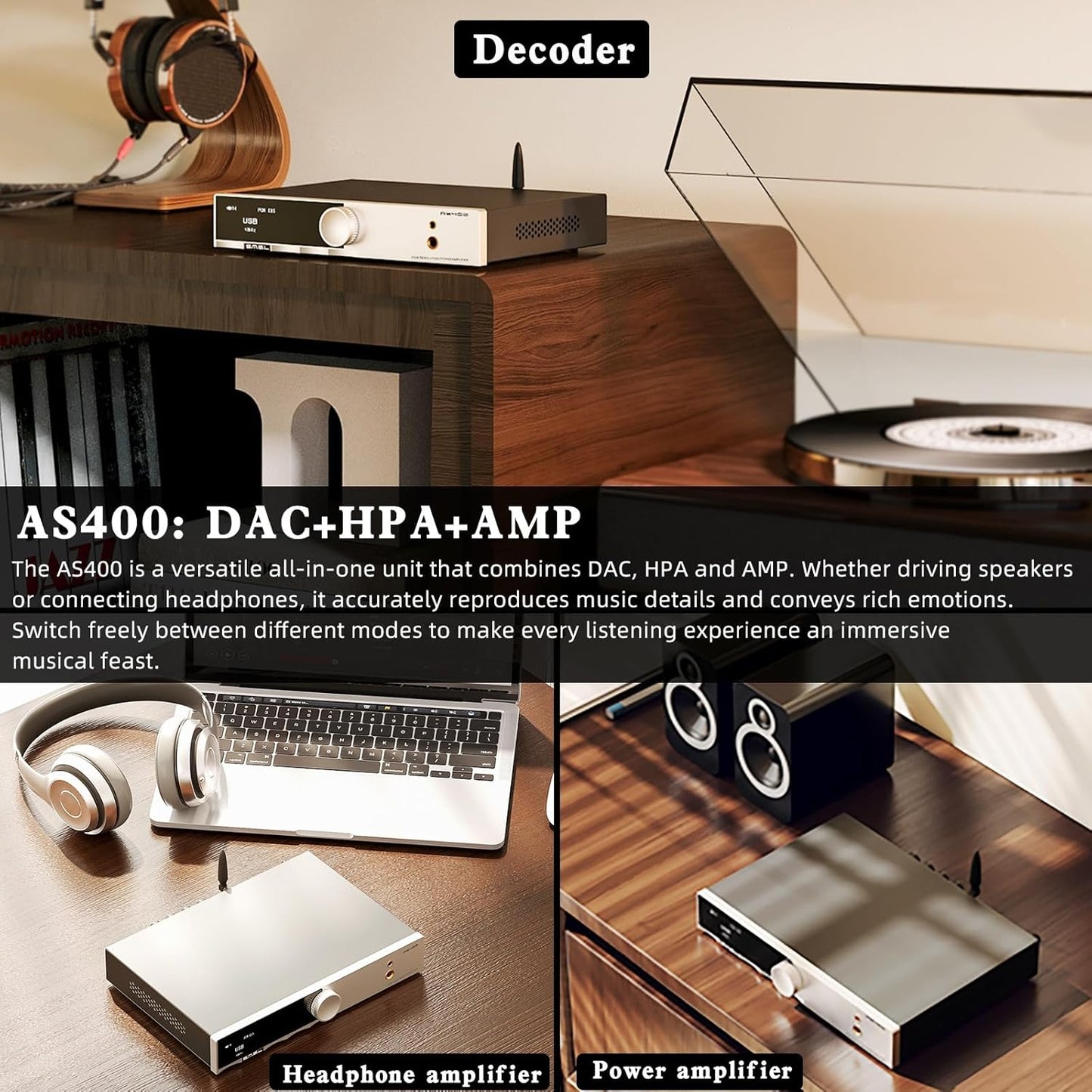 SMSL AS400 MA5332MS Power Amplifier CS43131 165W x 165W DAC Headphone Amp, USB/Coax/Opt/HDMI ARC/RCA/Phono Input 2.1 Channel Speaker/Subwoofer 4.4mm/6.35mm Headphone Output, MQA DAC Class D Amplifier
