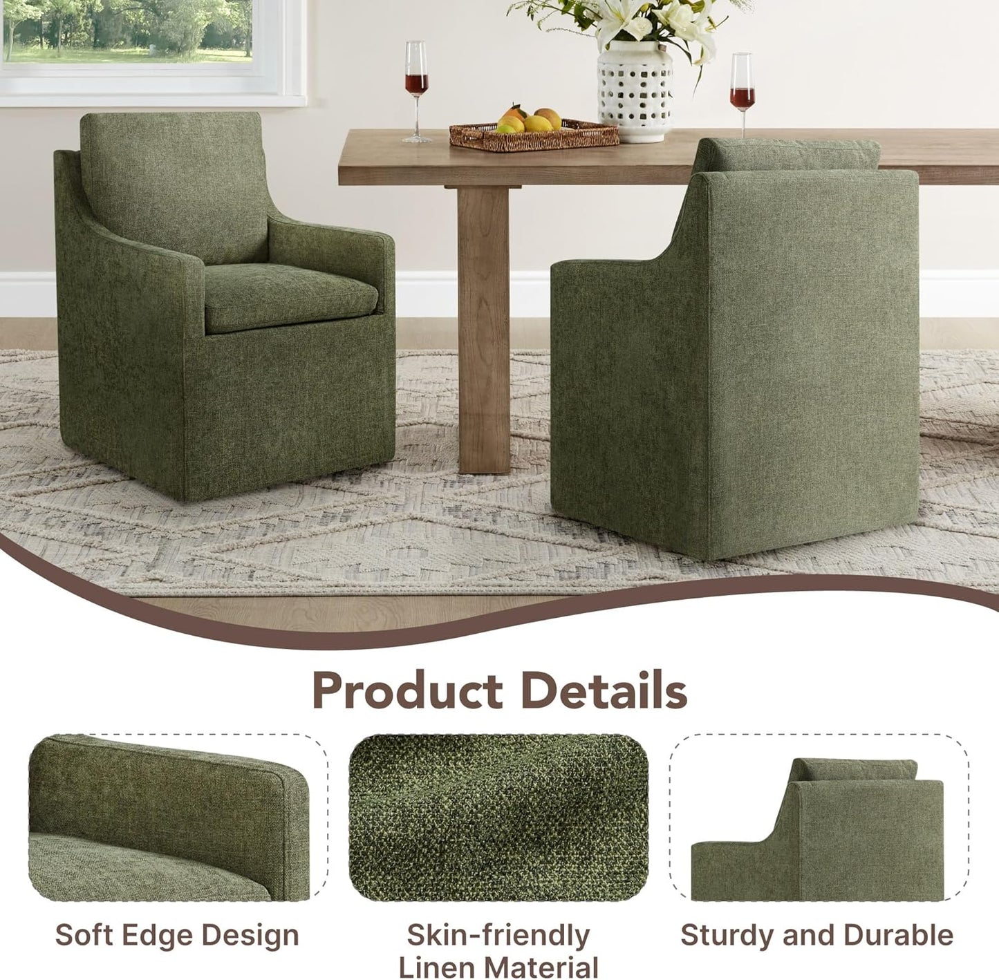 KISLOT Upholstered Dining Chairs Set of 4, Modern Dining Room Chairs with Casters & Washable Cover, Rolling Accent Chair with Hidden Storage for Kitchen, Farmhouse, Living Room, Green, 4 Box