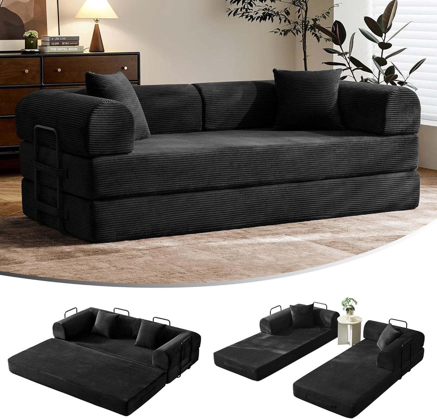 79" Convertible Sofa Bed with Fixed-Shape Frame & Removable Armrests, Modular Corduroy Sleeper Sofa, Folding Mattress Couch for Small Spaces - No Assembly Needed in Black (Includes 2 Pillows)