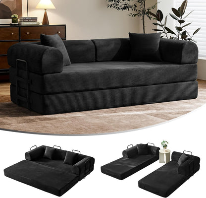 79" Convertible Sofa Bed with Fixed-Shape Frame & Removable Armrests, Modular Corduroy Sleeper Sofa, Folding Mattress Couch for Small Spaces - No Assembly Needed in Black (Includes 2 Pillows)