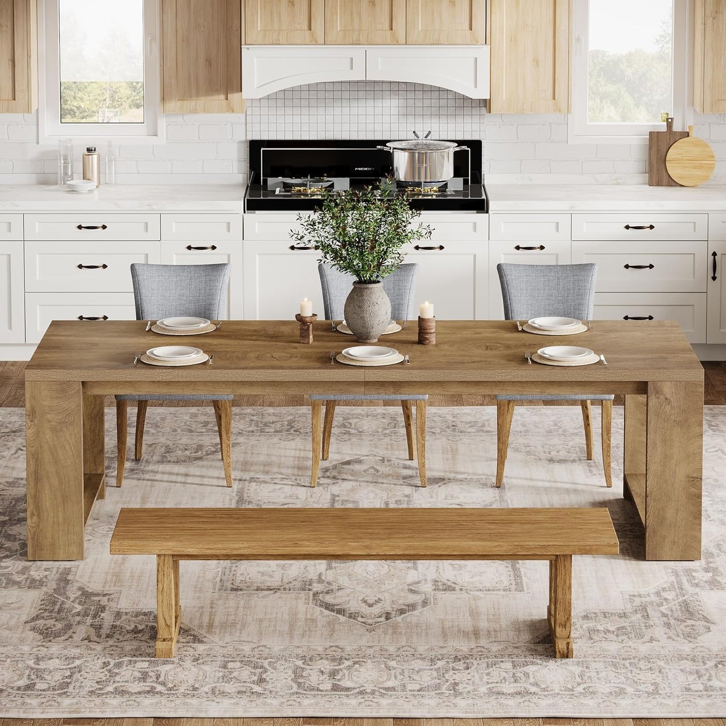 Tribesigns 86.61-Inch Dining Table for 6 People, Modern Narrow Long Kitchen Table with Pedestal Base, Farmhouse Extra Long Rectangular Dining Room Furniture, 27.56 x 86.61 x 29.53 Inches, Oak