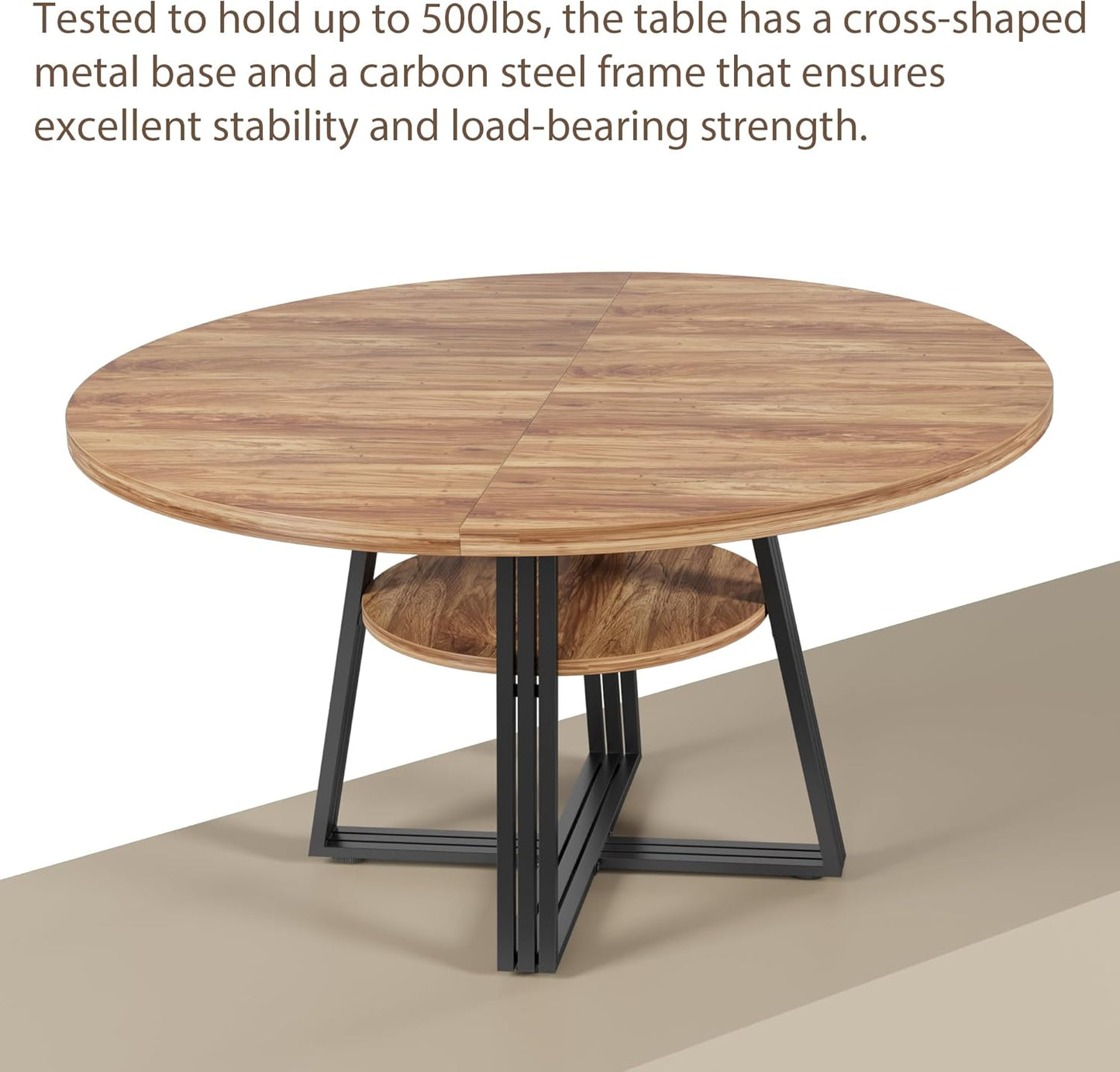 GarveeHome 47 Inch Round Dining Table for 4-6, Farmhouse Pedestal Kitchen Table with Storage Shelf, Space-Saving Circle, for Kitchen, Dining Room, Living Room, Apartment, Table Only- Retro