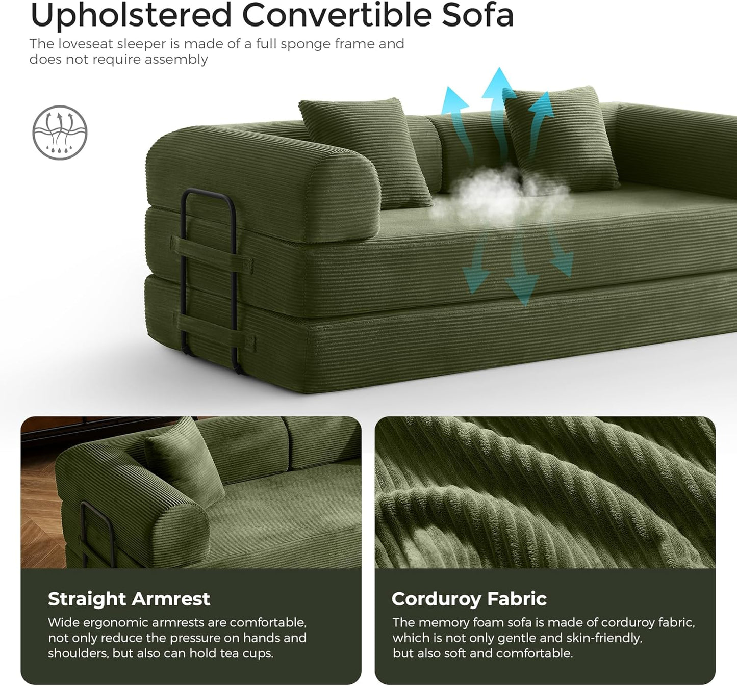 79" Convertible Sofa Bed with Fixed-Shape Frame & Removable Armrests, Modular Corduroy Sleeper Sofa, Folding Mattress Couch for Small Spaces - No Assembly Needed in Green (Includes 2 Pillows)