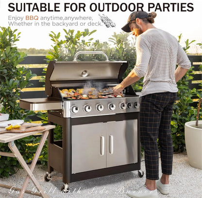 Burner Gas grill with side burner and enameled cast iron grille 42,000BTU outdoor cooking stainless steel propane grill Garden grill, silver