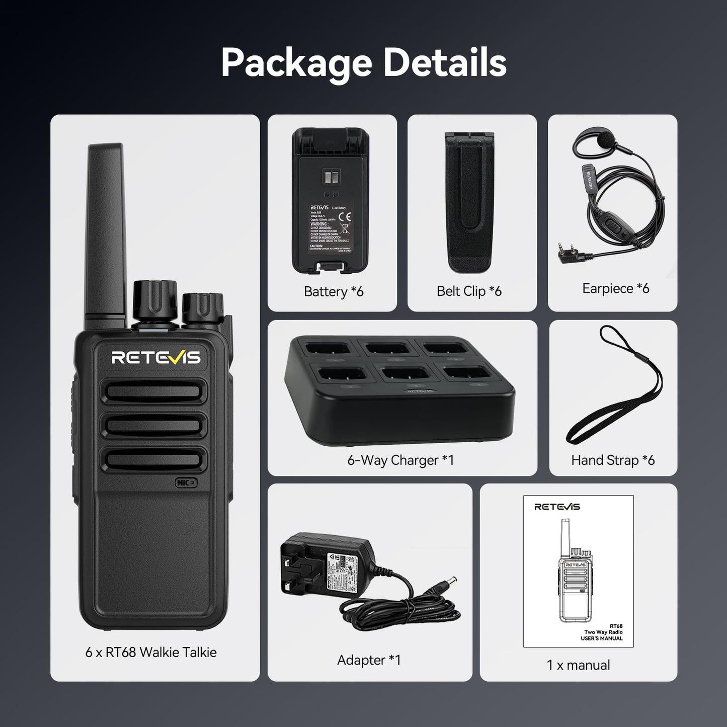 RETEVIS RT68 Walkie Talkies 6 Pack with Earpiece and Charger