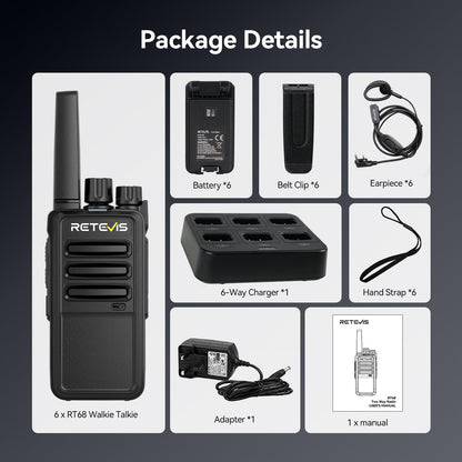 RETEVIS RT68 Walkie Talkies 6 Pack with Earpiece and Charger