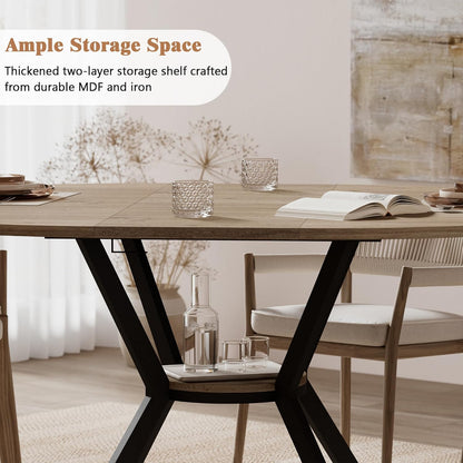 42"-58" Extendable Round Dining Table with Built-in Flip Leaf, Modern Oval Kitchen Table for 4-6, Space-Saving Small Room Furniture with Storage Shelf and X-Shaped Metal Base
