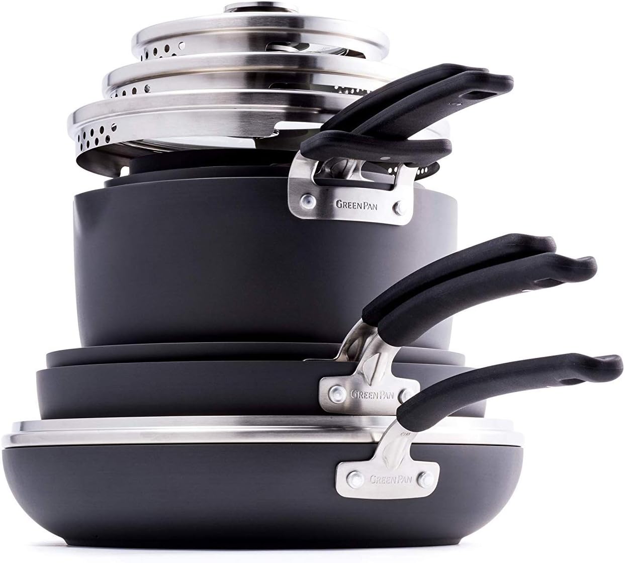 GreenPan Levels Stackable Hard Anodized Healthy Ceramic Nonstick 11 Piece Cookware Pots and Pans Set, PFAS-Free, Dishwasher Safe, Black