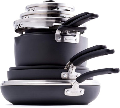 GreenPan Levels Stackable Hard Anodized Healthy Ceramic Nonstick 11 Piece Cookware Pots and Pans Set, PFAS-Free, Dishwasher Safe, Black
