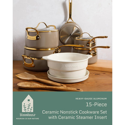 Bloomhouse - Two Time Oprah's Favorite Things Winner - 15 Piece Pots and Pans Heavy Duty Aluminum Premium PFA Free Ceramic Nonstick Dutch Oven Pot with Lid - Cappuccino Cream with Gold Handle
