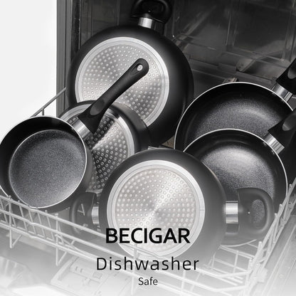 BECIGAR 8pcs Black Ceramic Pots and Pans Set, Cooking Pan Set,Cooking Pot Set Ceramic Pan Set, Nonstick Cookware Set, Induction Safe Kitchen Cooking Set with Frying Pans, Saucepans, shovel and Ladle