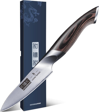 HOSHANHO 3.75 inch Paring Knife, Japanese High Carbon Stainless Steel Small Kitchen Knives, Ultra Sharp Fruit Knife with Ergonomic Pakkawood Handle