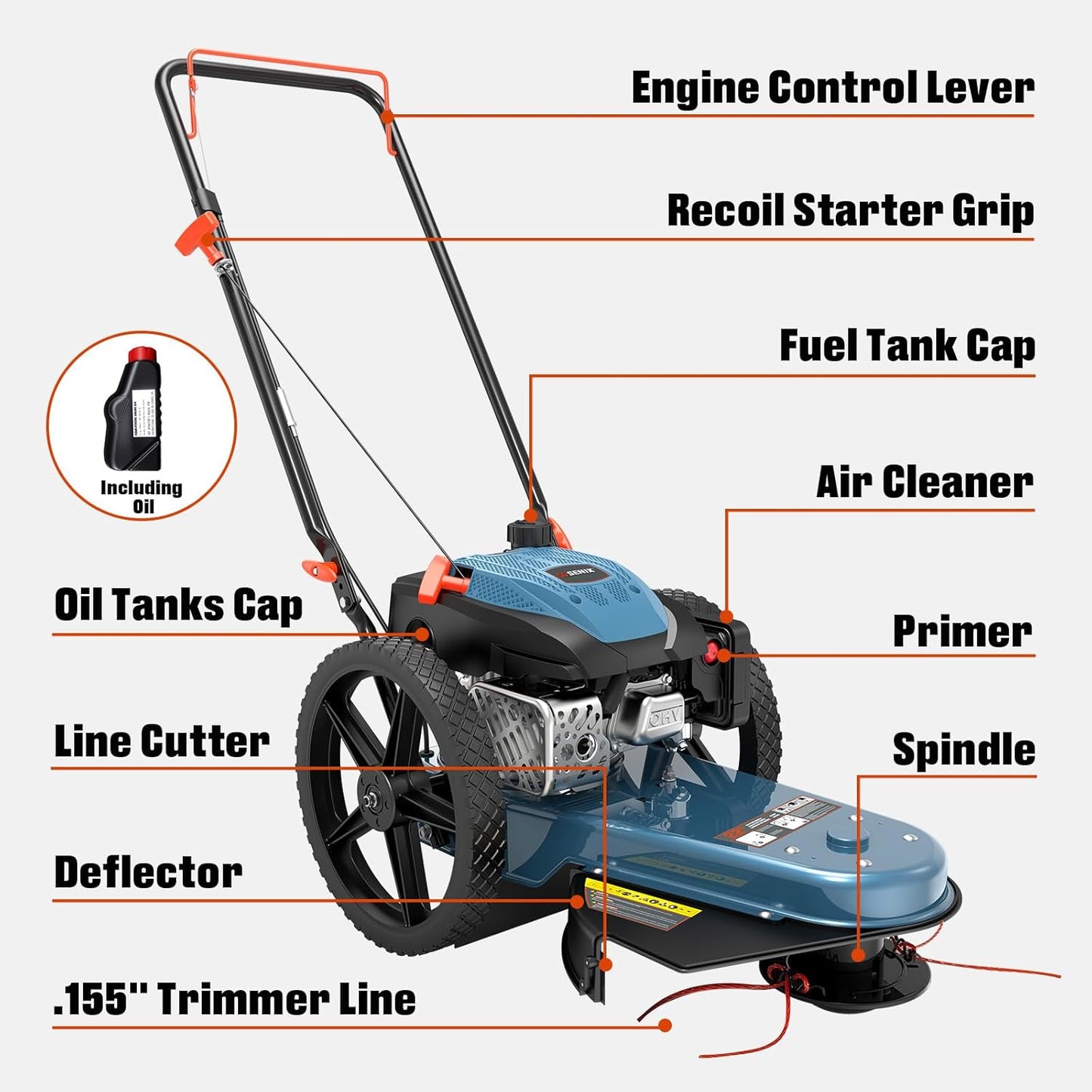 SENIX 22-Inch Gas Walk Behind Brush Cutter and String Trimmer, 160 cc 4-Cycle Engine, 14" Rubber High Wheels, with .155-Inch Heavy-Duty Line, Steel Deck, Adjustable Cutting Height