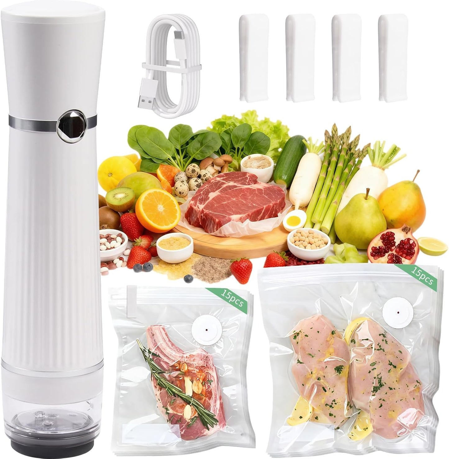 Handheld Vacuum Sealer, Detachable & Easy to Clean, Includes 30 Reusable Bags, Portable Food Saver, Extends Freshness 10x, Auto Power Off, for Kitchen, Travel & Outdoor