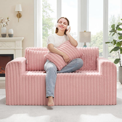 Hobestluk Couch Sofa 2-Seater Foam Sofa Loveseat for Small Spaces Comfy Sofas with Removable Cover Furry Couch with Pillows for Living Room, Bedroom, Apartment, Office (Pink, Loveseat)