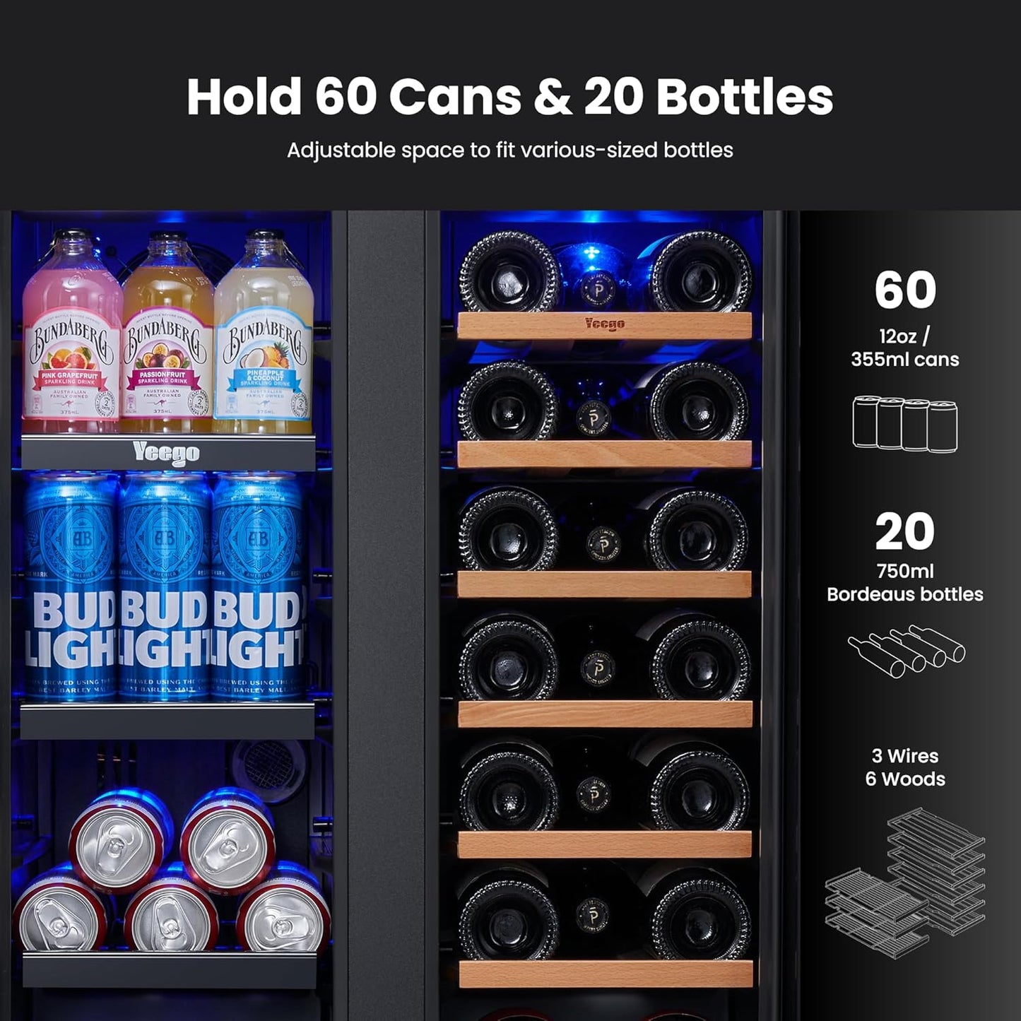 Yeego 24 Inch Wine and Beverage Cooler - 36-72°F, Holds 60 Cans & 20 Bottles Adjustable Shelves Beverage Fridge, Stainless Steel with glass Door for Built-in for Kitchen/Bar