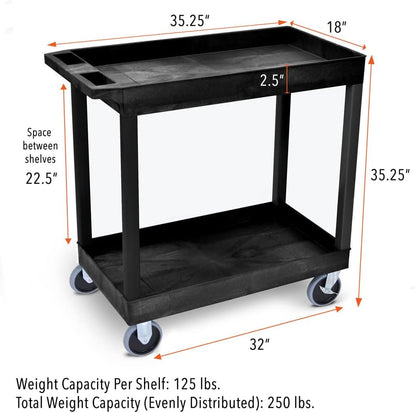 Stand Steady Tubstr 2 Shelf Utility Cart Supports Up to 250 lbs - Heavy-Duty Plastic Service Push Cart with Deep Shelves and 5" Casters, for Offices, Warehouse Storage, Garage (Black, 32 x 18 x 51)