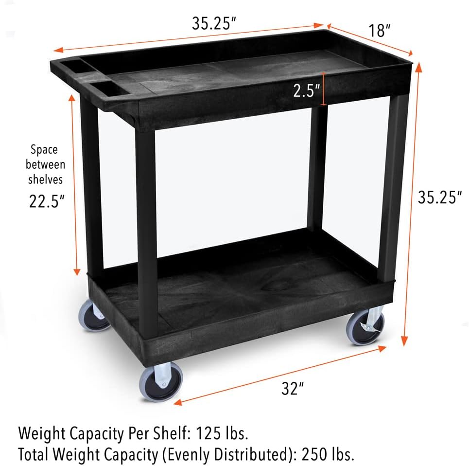 Stand Steady Tubstr 2 Shelf Utility Cart Supports Up to 250 lbs - Heavy-Duty Plastic Service Push Cart with Deep Shelves and 5" Casters, for Offices, Warehouse Storage, Garage (Black, 32 x 18 x 51)