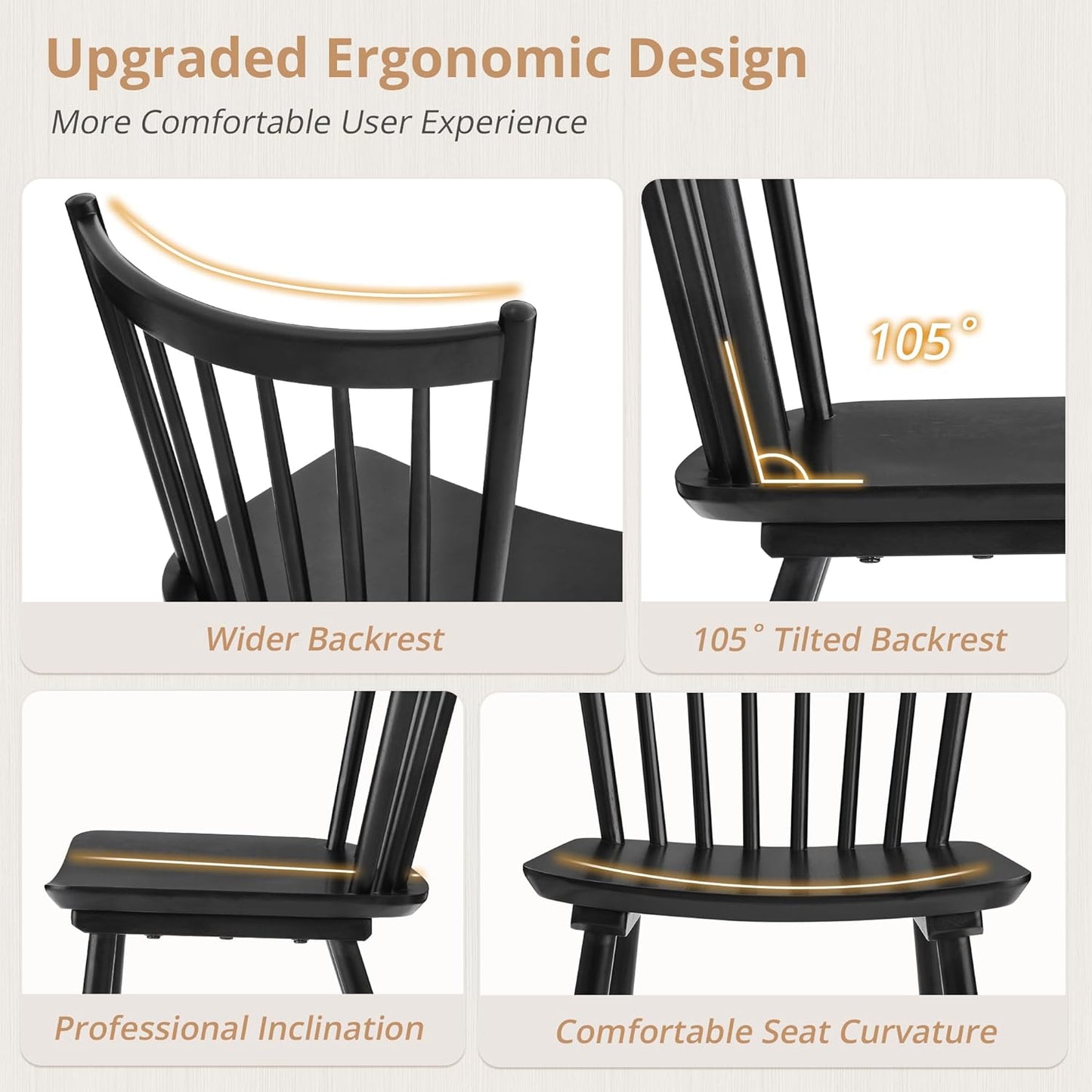 LUE BONA Upgraded Dining Chairs Set of 8, Farmhouse Wooden Spindle Back Kitchen Chairs, Windsor Dining Chairs for Kitchen and Dining Room, Black