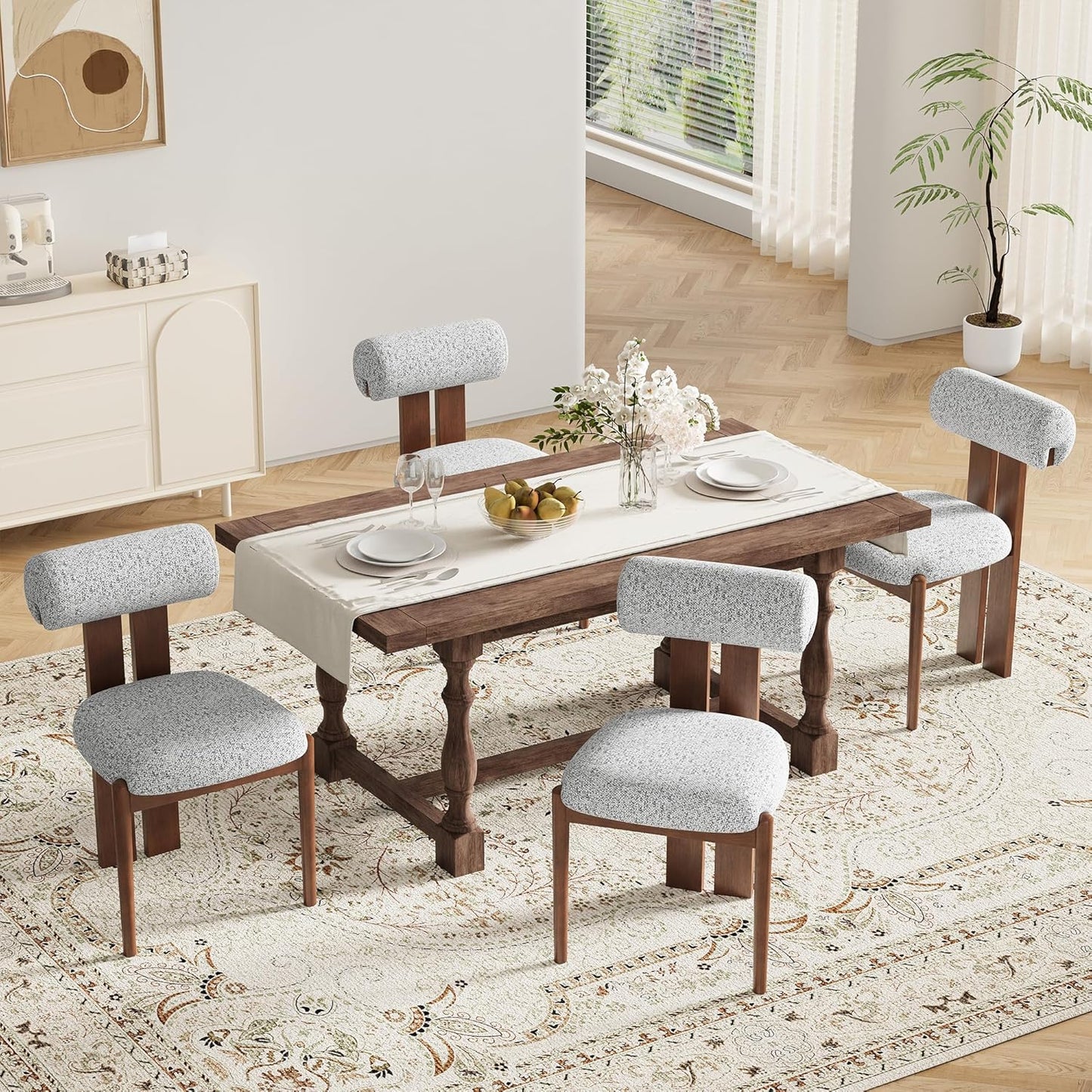 MALOL Modern Wooden Dining Chairs Set of 6, Upholstered Fabric Kitchen Chairs with Sculptural Backrest, Mid-Century Farmhouse Dining Room Chairs with Solid Wood Legs, Light Grey