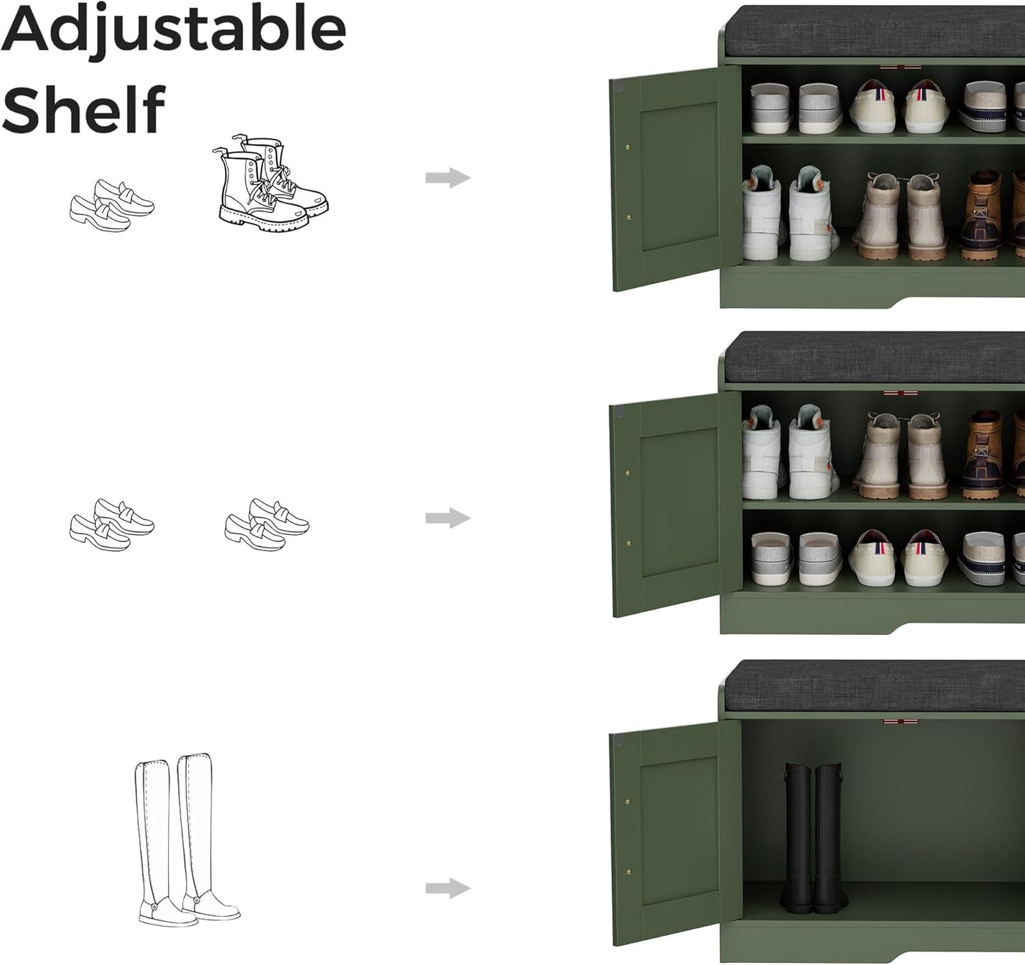Homleke 2-Tier Storage Bench, Shoe Bench with Thickened Padded Seat Cushion, Entryway Bench with 4 Doors, Adjustable Shelf, 13.8" D x 45.3" W x 18.5" H, for Entryway, Living Room, Bedroom, Green